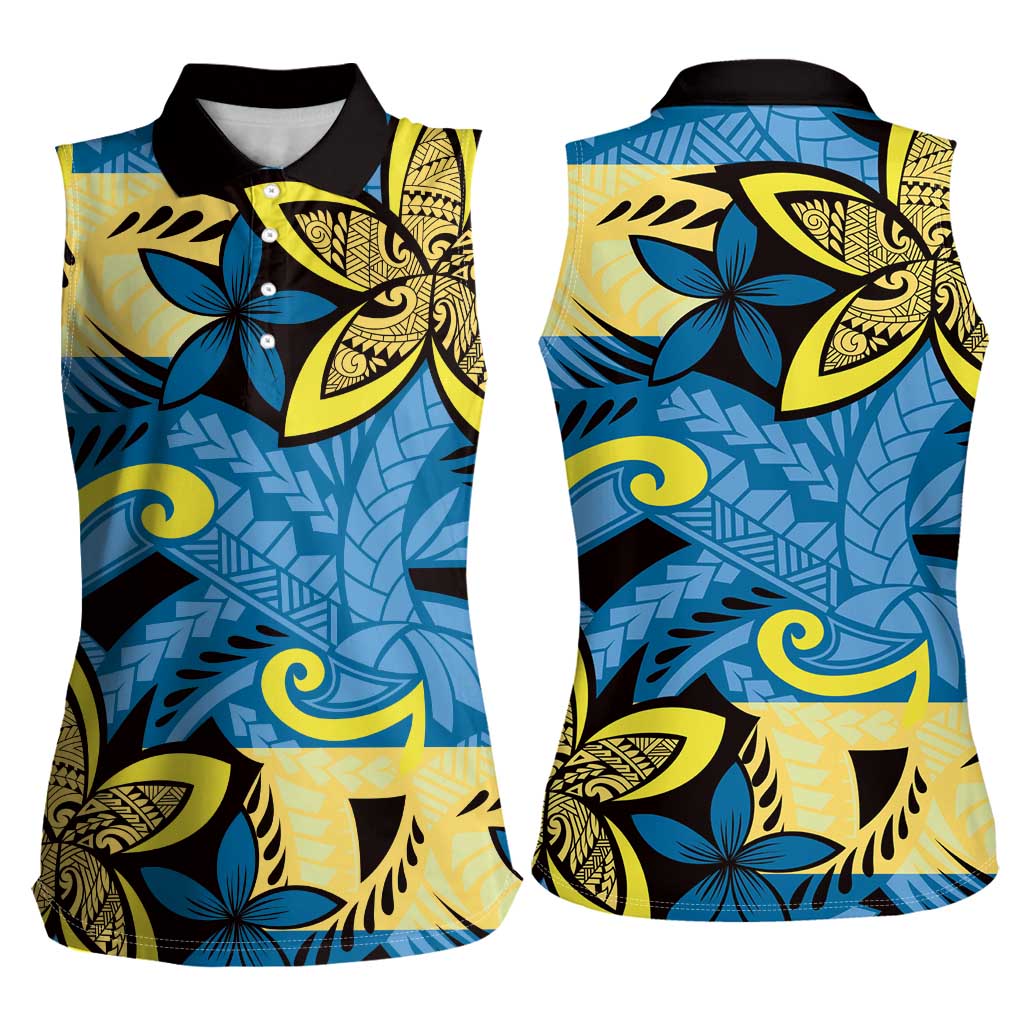 Plumeria Polynesian Pattern Women Sleeveless Polo Shirt Unique Fantasy Blue Yellow
