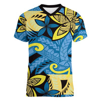 Plumeria Polynesian Pattern Women V-Neck T-Shirt Unique Fantasy Blue Yellow