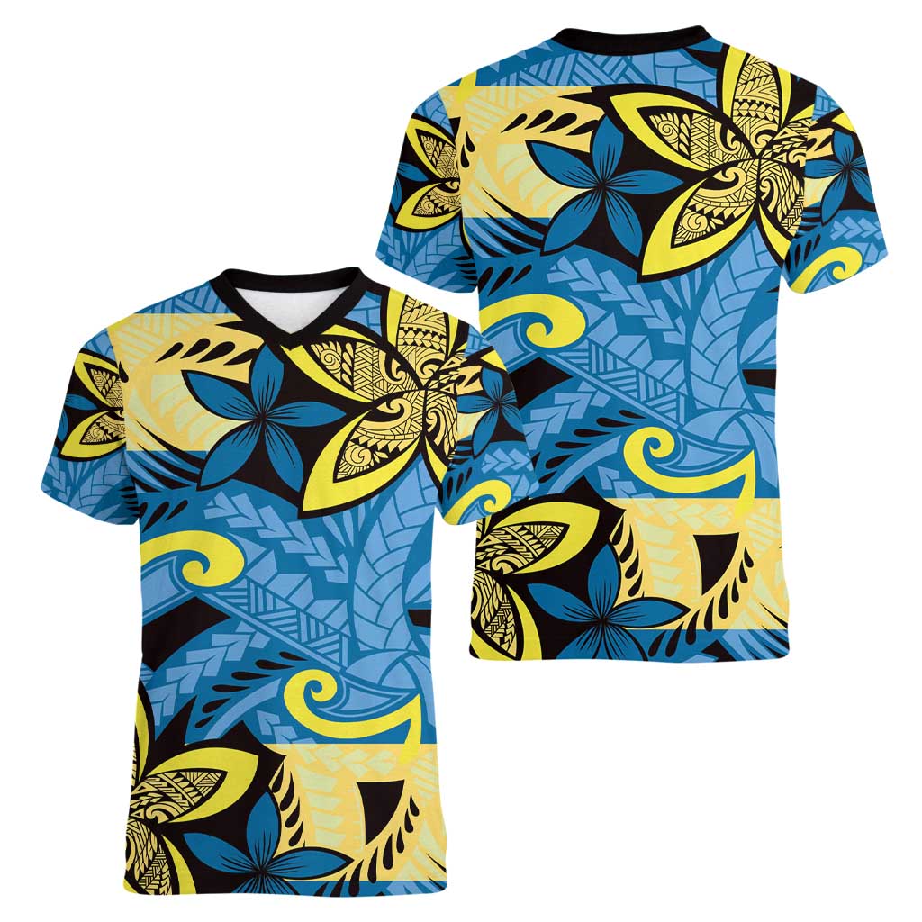 Plumeria Polynesian Pattern Women V-Neck T-Shirt Unique Fantasy Blue Yellow