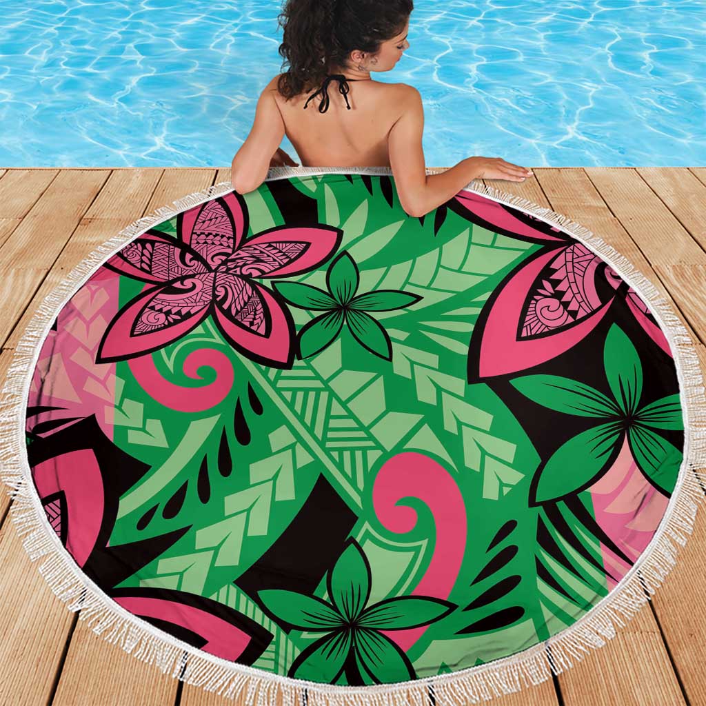 Plumeria Polynesian Pattern Beach Blanket Unique Fantasy Green Pink