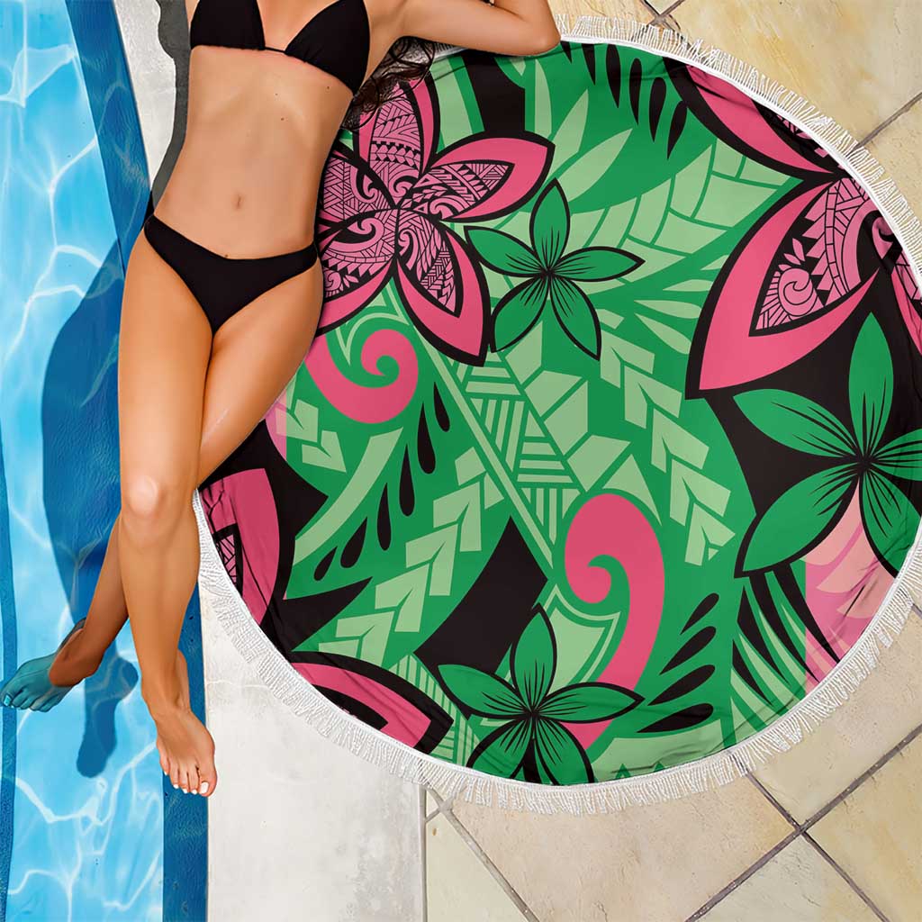 Plumeria Polynesian Pattern Beach Blanket Unique Fantasy Green Pink
