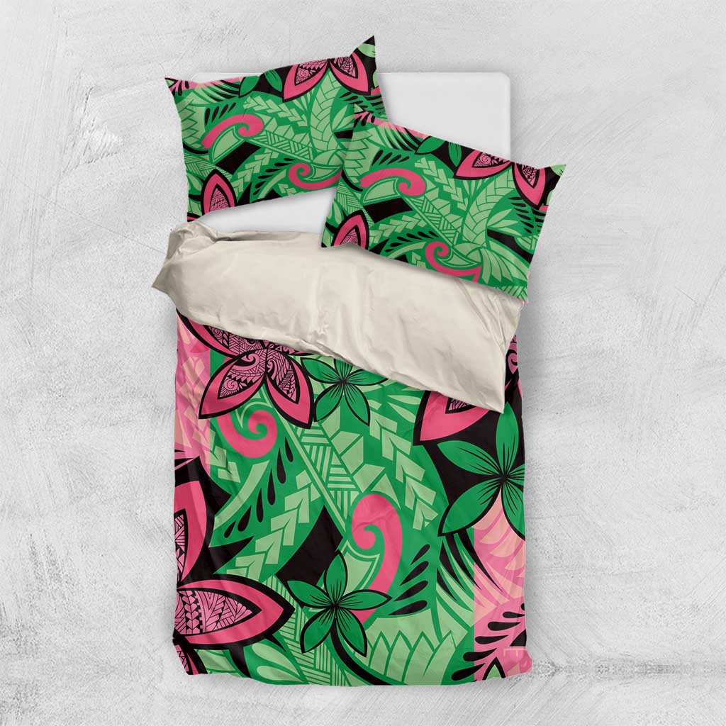 Plumeria Polynesian Pattern Bedding Set Unique Fantasy Green Pink