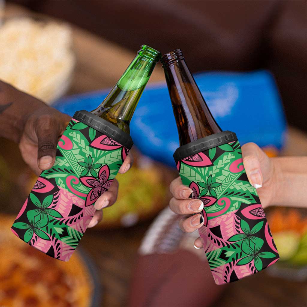 Plumeria Polynesian Pattern 4 in 1 Can Cooler Tumbler Unique Fantasy Green Pink LT01 - Polynesian Pride