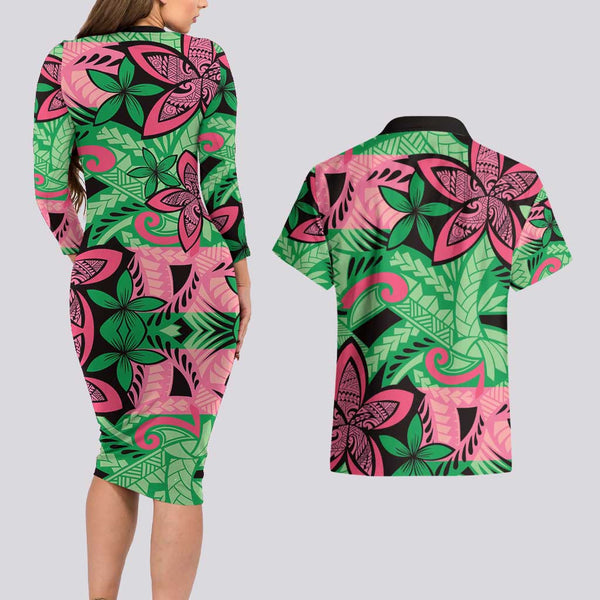 Plumeria Polynesian Pattern Couples Matching Long Sleeve Bodycon Dress ...