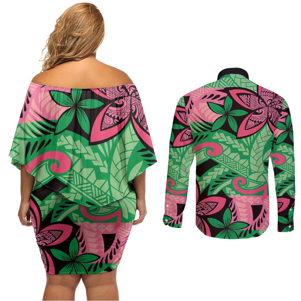 Plumeria Polynesian Pattern Couples Matching Off Shoulder Short Dress and Long Sleeve Button Shirt Unique Fantasy Green Pink LT01 - Polynesian Pride