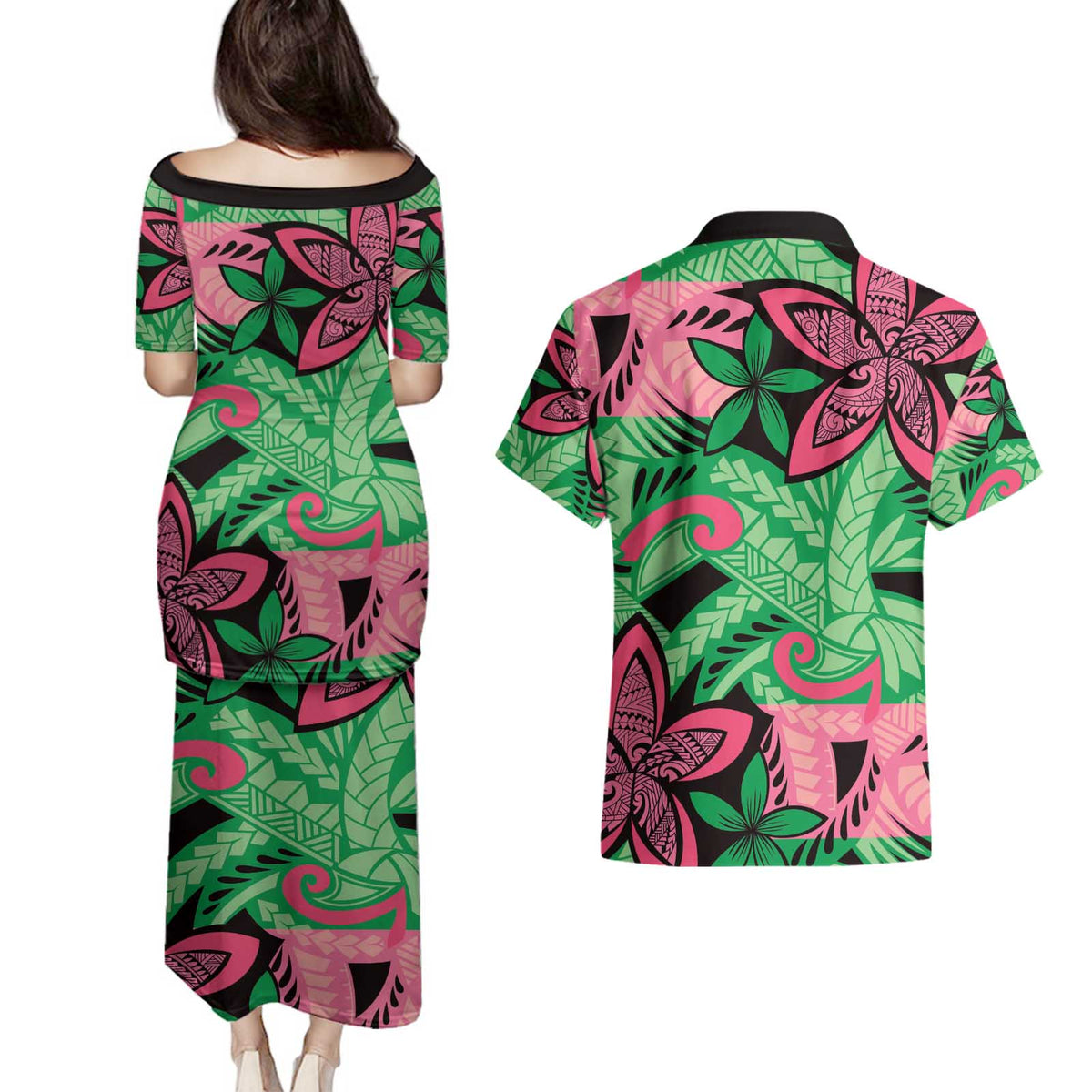 Plumeria Polynesian Pattern Couples Matching Puletasi and Hawaiian Shirt Unique Fantasy Green Pink