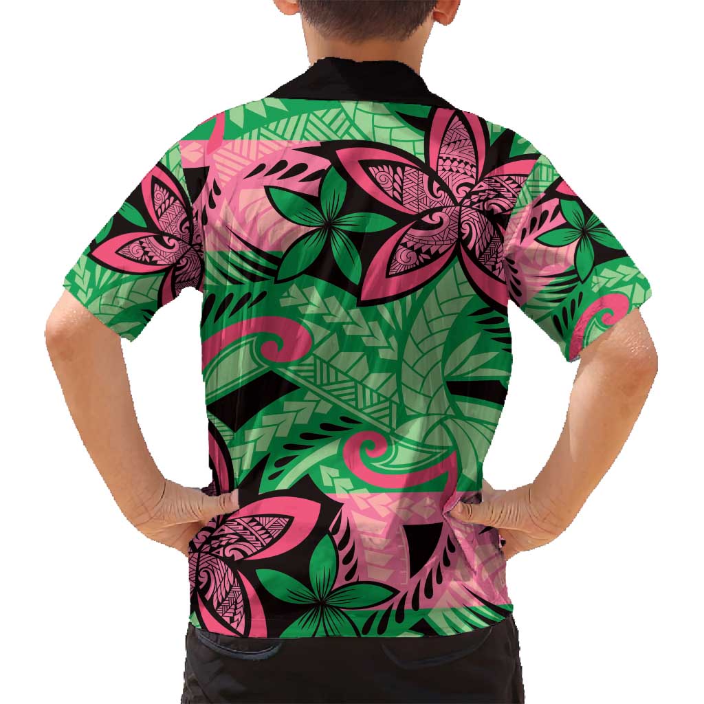 Plumeria Polynesian Pattern Family Matching Long Sleeve Bodycon Dress and Hawaiian Shirt Unique Fantasy Green Pink LT01 - Polynesian Pride