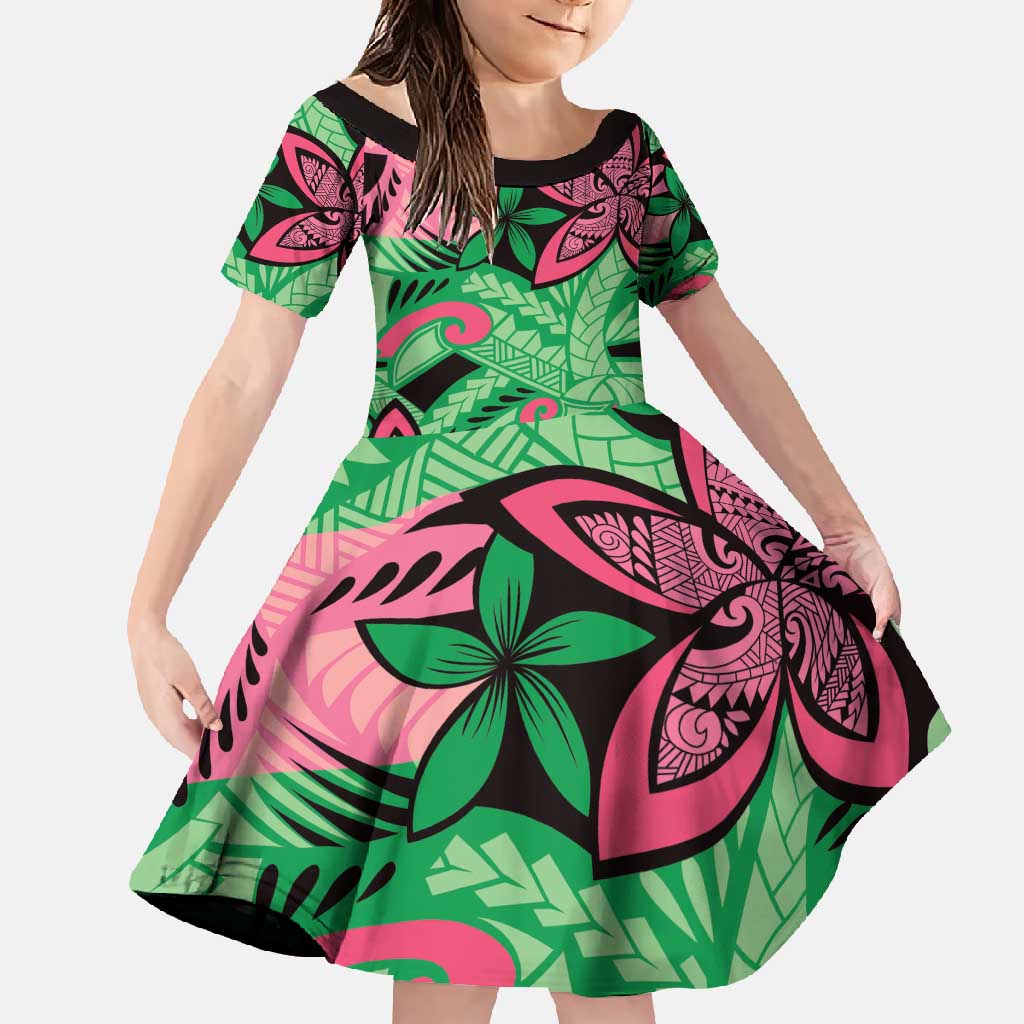 Plumeria Polynesian Pattern Family Matching Long Sleeve Bodycon Dress and Hawaiian Shirt Unique Fantasy Green Pink LT01 Daughter's Dress Green - Polynesian Pride