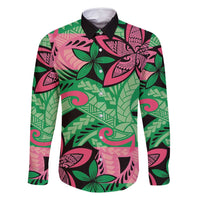 Plumeria Polynesian Pattern Family Matching Long Sleeve Bodycon Dress and Hawaiian Shirt Unique Fantasy Green Pink LT01 Dad's Shirt - Long Sleeve Green - Polynesian Pride