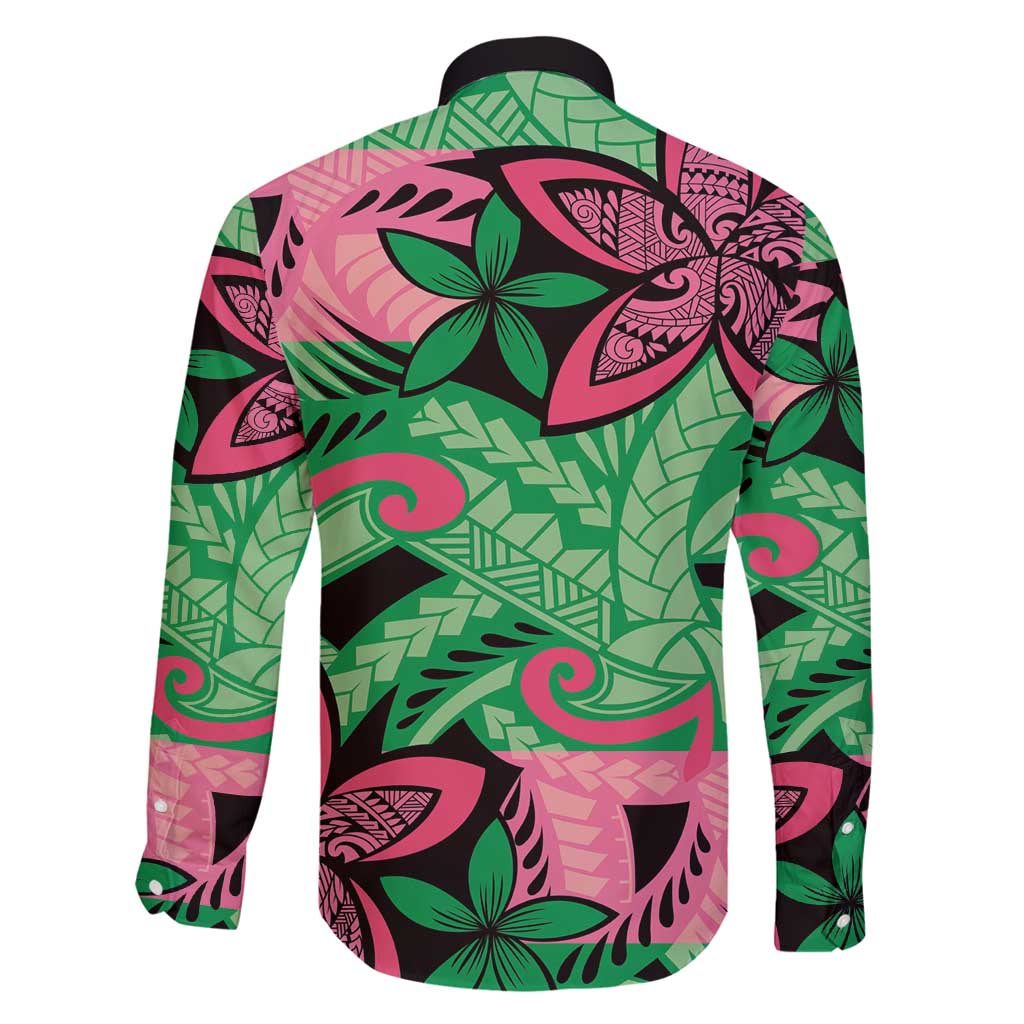 Plumeria Polynesian Pattern Family Matching Long Sleeve Bodycon Dress and Hawaiian Shirt Unique Fantasy Green Pink LT01 - Polynesian Pride