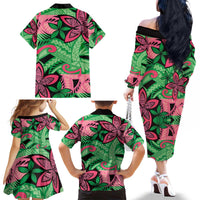 Plumeria Polynesian Pattern Family Matching Off The Shoulder Long Sleeve Dress and Hawaiian Shirt Unique Fantasy Green Pink