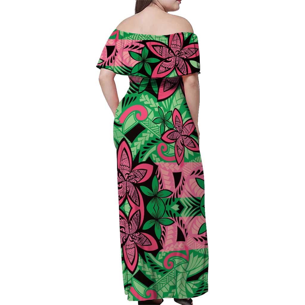 Plumeria Polynesian Pattern Family Matching Off Shoulder Maxi Dress and Hawaiian Shirt Unique Fantasy Green Pink