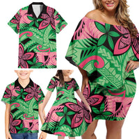 Plumeria Polynesian Pattern Family Matching Off Shoulder Short Dress and Hawaiian Shirt Unique Fantasy Green Pink