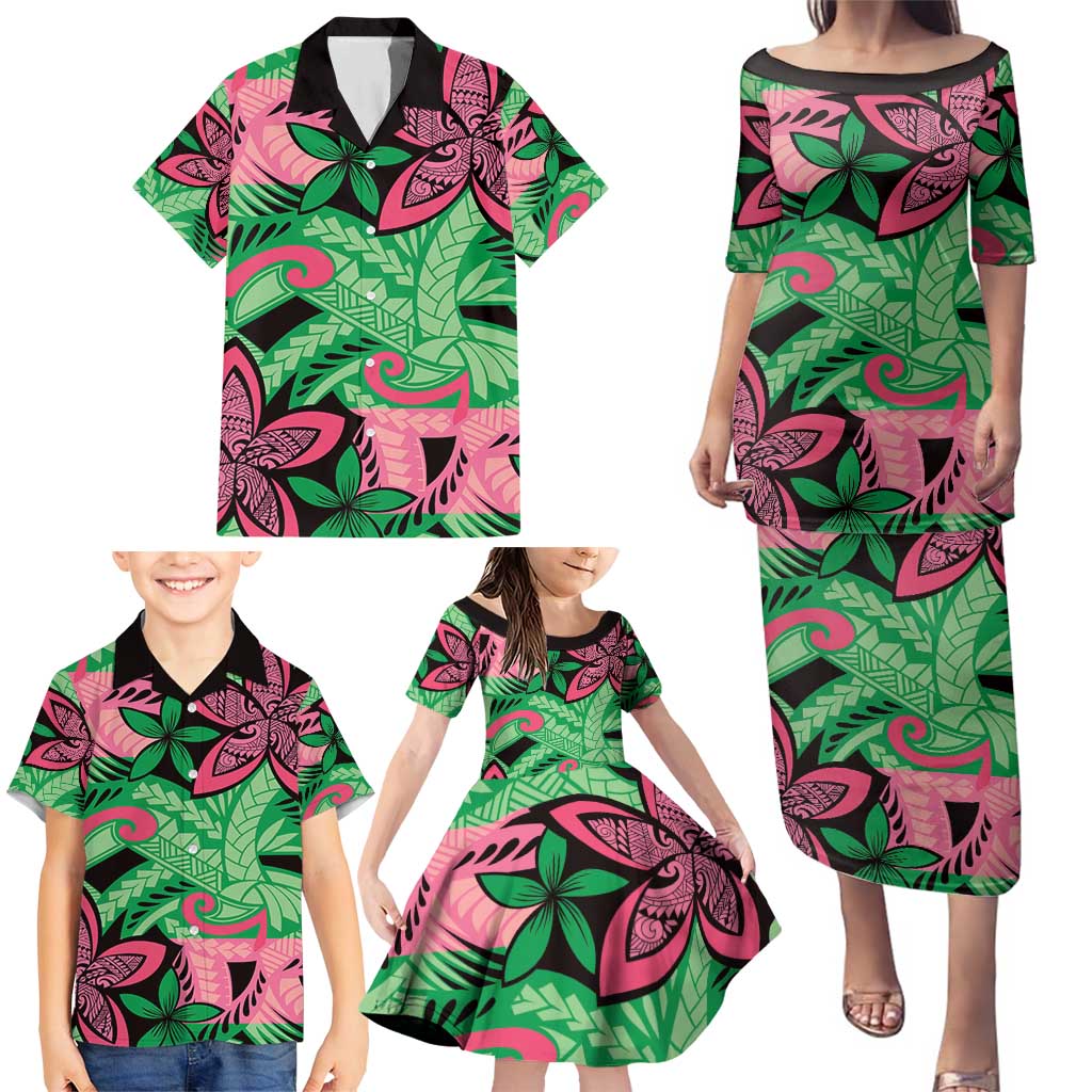 Plumeria Polynesian Pattern Family Matching Puletasi and Hawaiian Shirt Unique Fantasy Green Pink