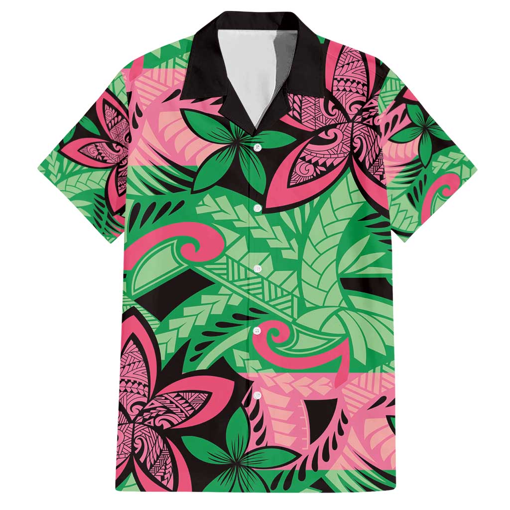 Plumeria Polynesian Pattern Family Matching Short Sleeve Bodycon Dress and Hawaiian Shirt Unique Fantasy Green Pink LT01 Dad's Shirt - Short Sleeve Green - Polynesian Pride