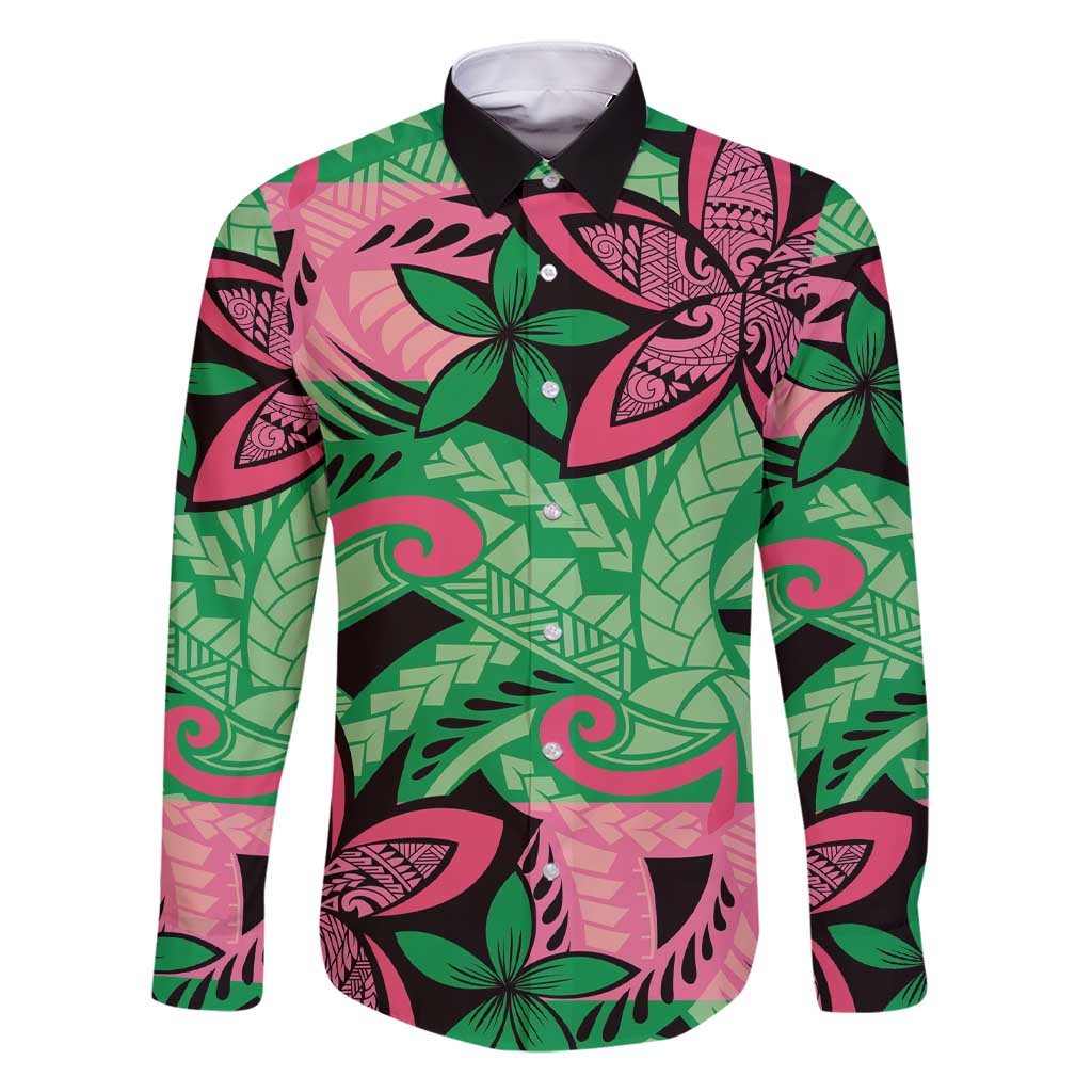 Plumeria Polynesian Pattern Family Matching Short Sleeve Bodycon Dress and Hawaiian Shirt Unique Fantasy Green Pink LT01 Dad's Shirt - Long Sleeve Green - Polynesian Pride