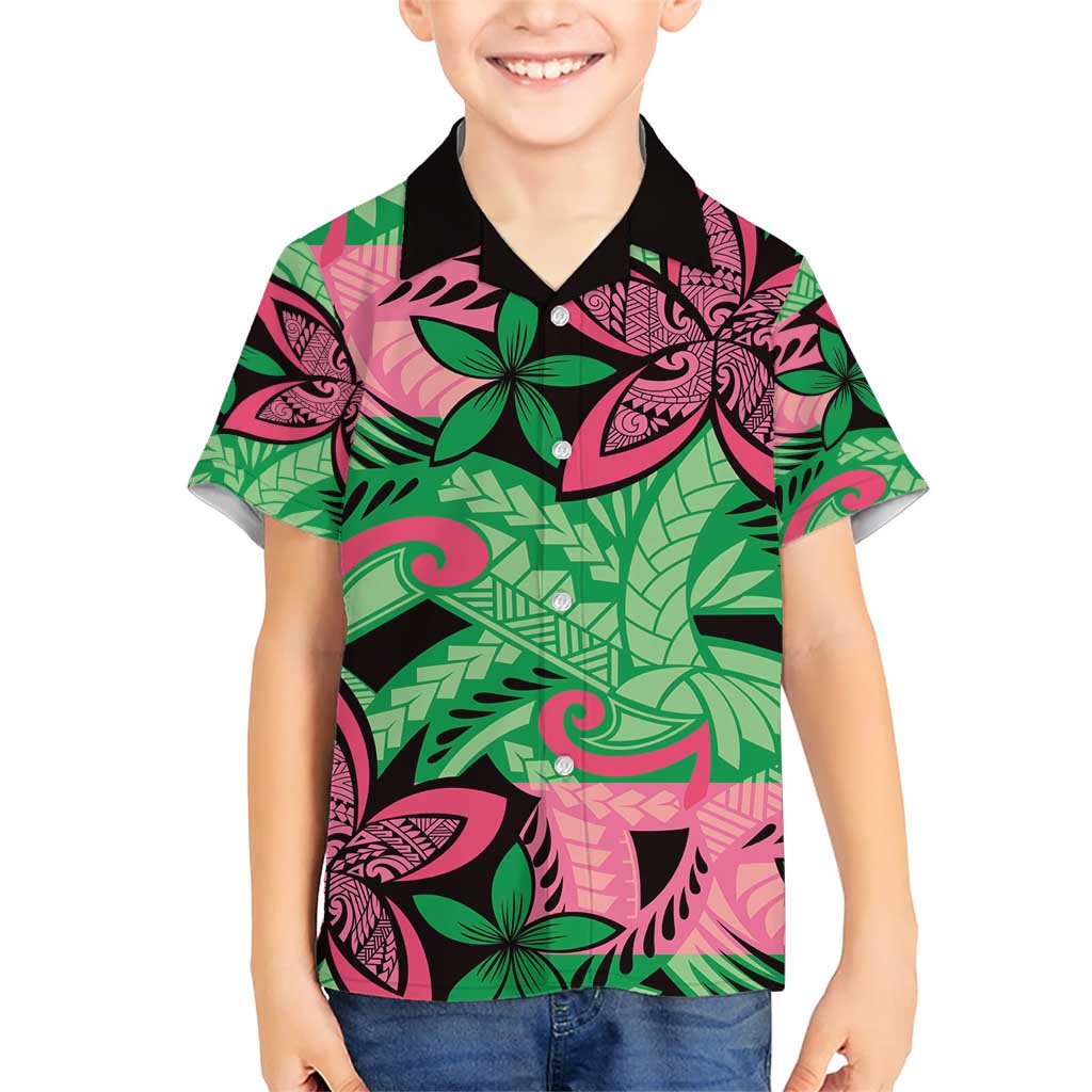 Plumeria Polynesian Pattern Family Matching Short Sleeve Bodycon Dress and Hawaiian Shirt Unique Fantasy Green Pink LT01 Son's Shirt Green - Polynesian Pride