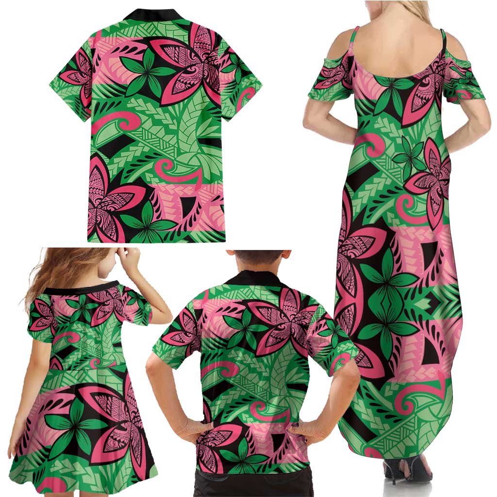 Plumeria Polynesian Pattern Family Matching Summer Maxi Dress and Hawaiian Shirt Unique Fantasy Green Pink