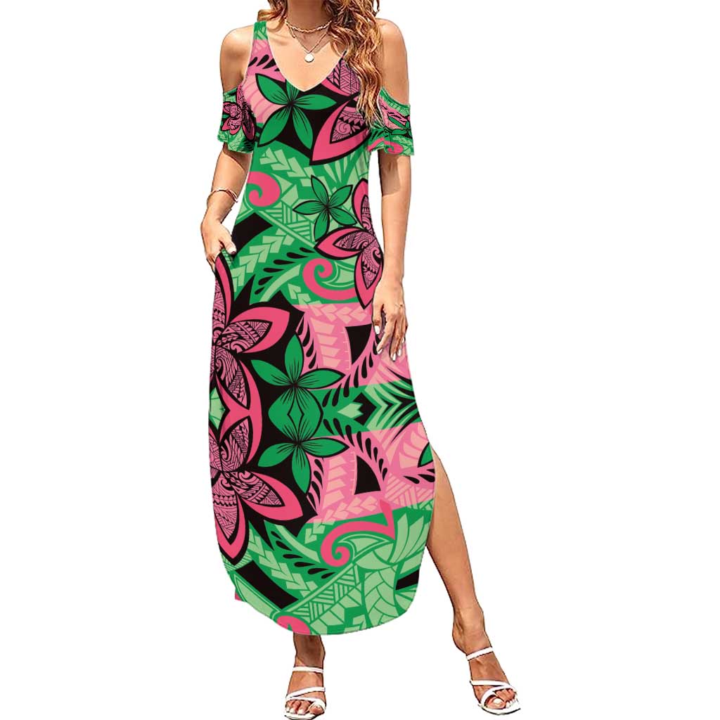 Plumeria Polynesian Pattern Family Matching Summer Maxi Dress and Hawaiian Shirt Unique Fantasy Green Pink