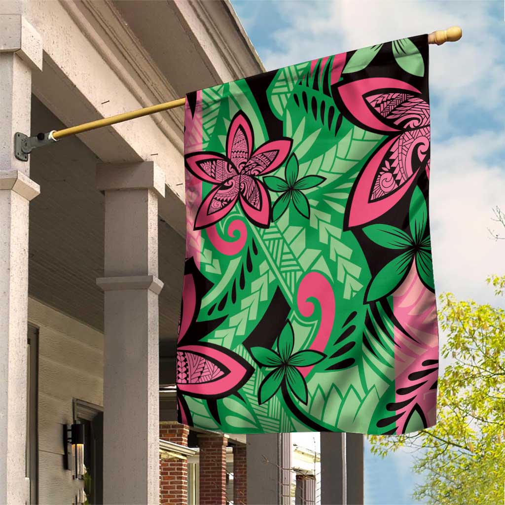 Plumeria Polynesian Pattern Garden Flag Unique Fantasy Green Pink