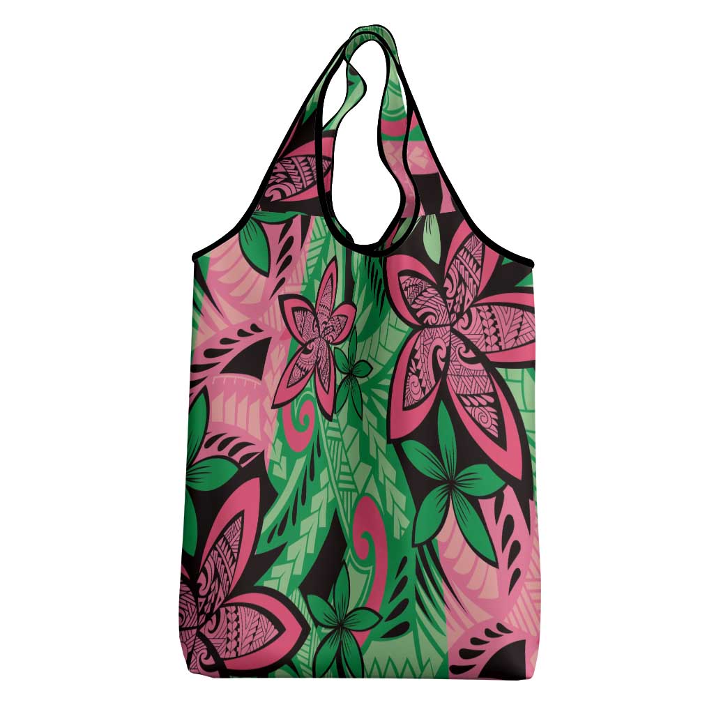 Plumeria Polynesian Pattern Grocery Bag Unique Fantasy Green Pink