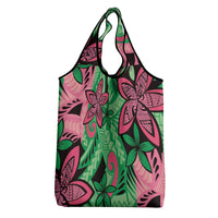Plumeria Polynesian Pattern Grocery Bag Unique Fantasy Green Pink