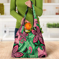 Plumeria Polynesian Pattern Grocery Bag Unique Fantasy Green Pink
