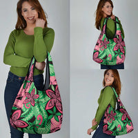 Plumeria Polynesian Pattern Grocery Bag Unique Fantasy Green Pink