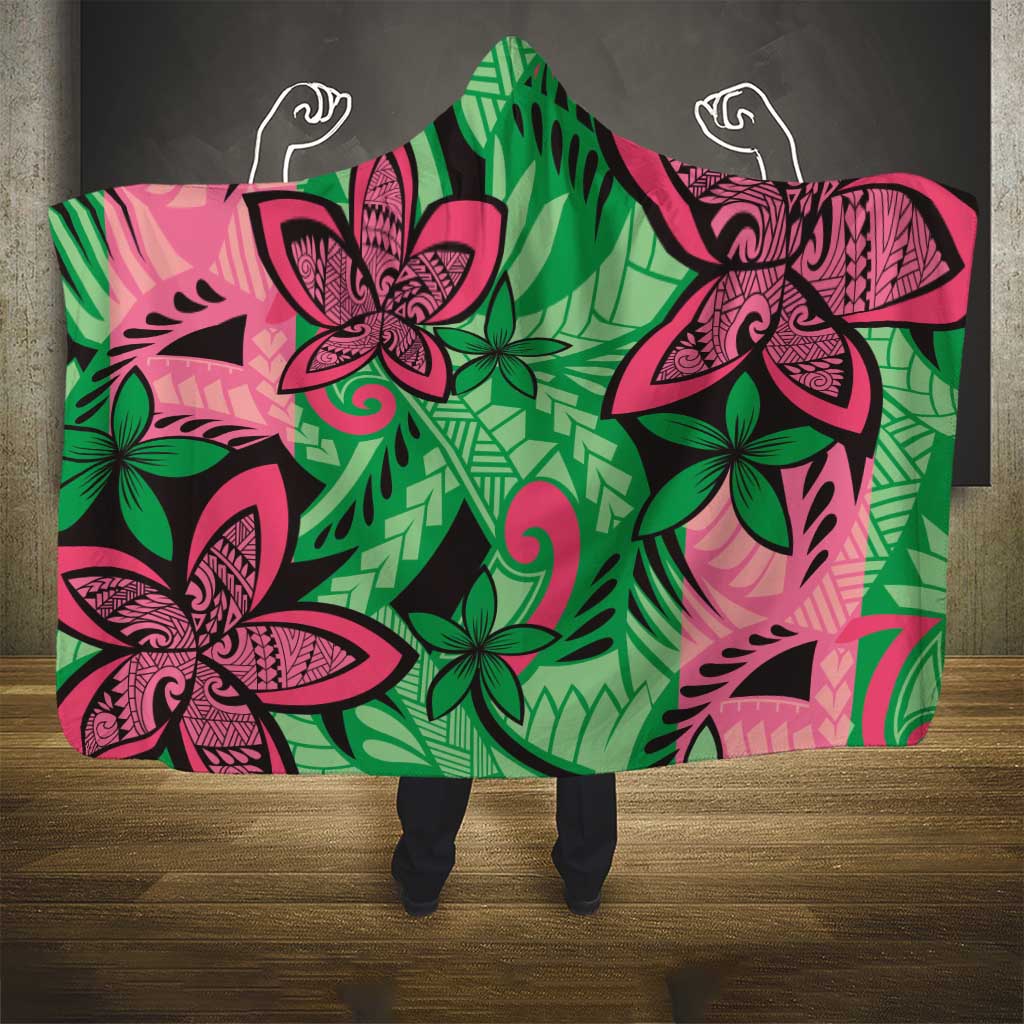 Plumeria Polynesian Pattern Hooded Blanket Unique Fantasy Green Pink