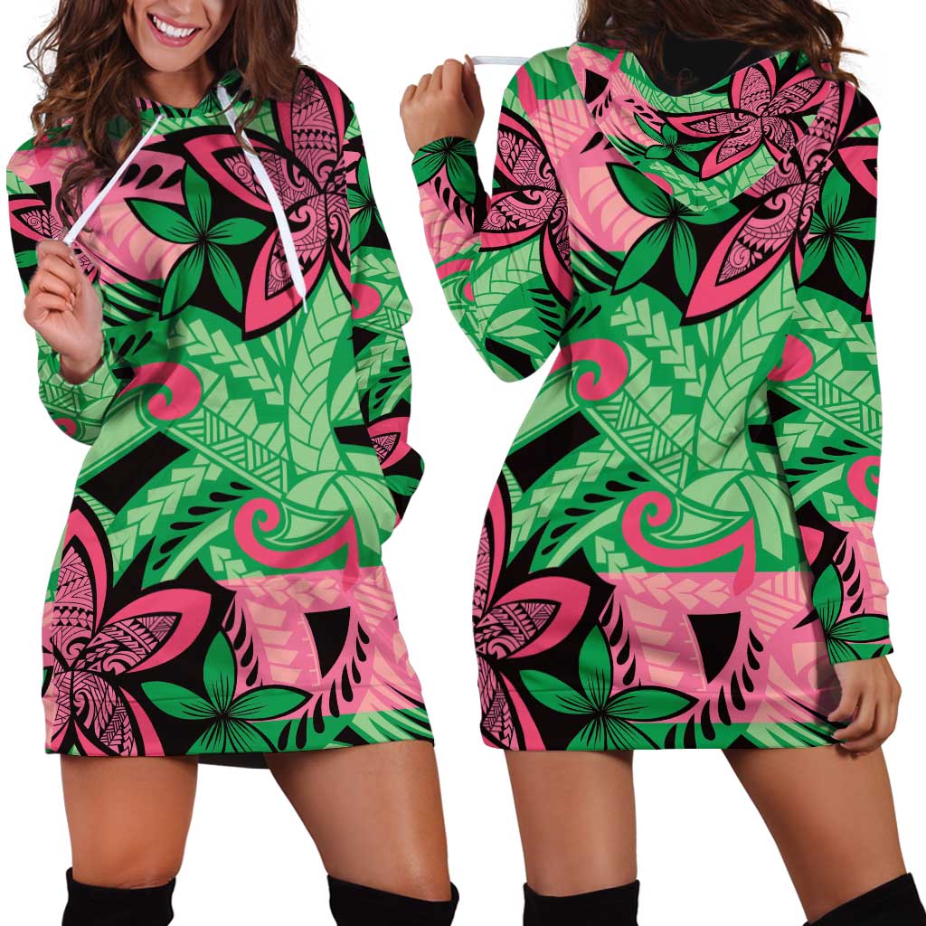 Plumeria Polynesian Pattern Hoodie Dress Unique Fantasy Green Pink