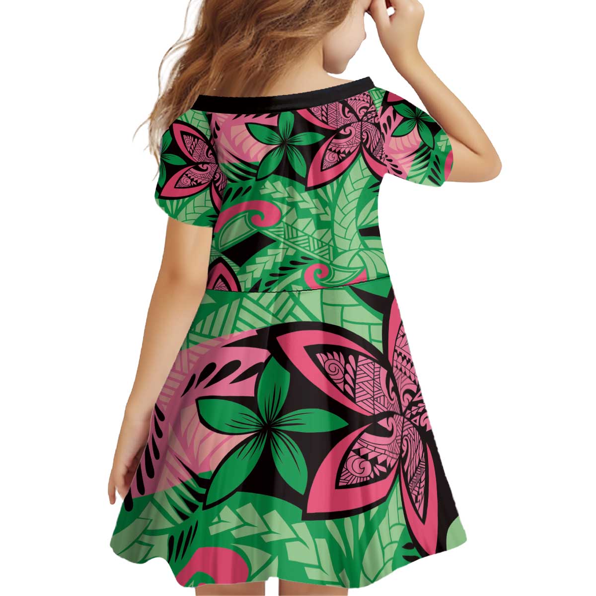 Plumeria Polynesian Pattern Kid Short Sleeve Dress Unique Fantasy Green Pink