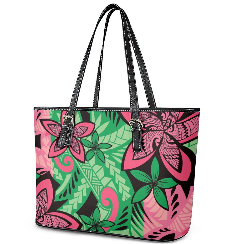 Plumeria Polynesian Pattern Leather Tote Bag Unique Fantasy Green Pink