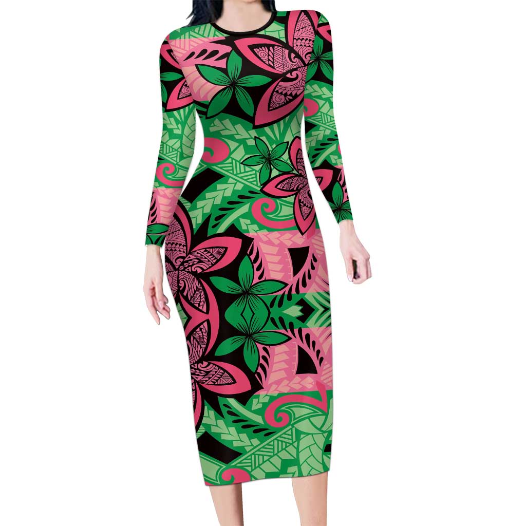 Plumeria Polynesian Pattern Long Sleeve Bodycon Dress Unique Fantasy Green Pink
