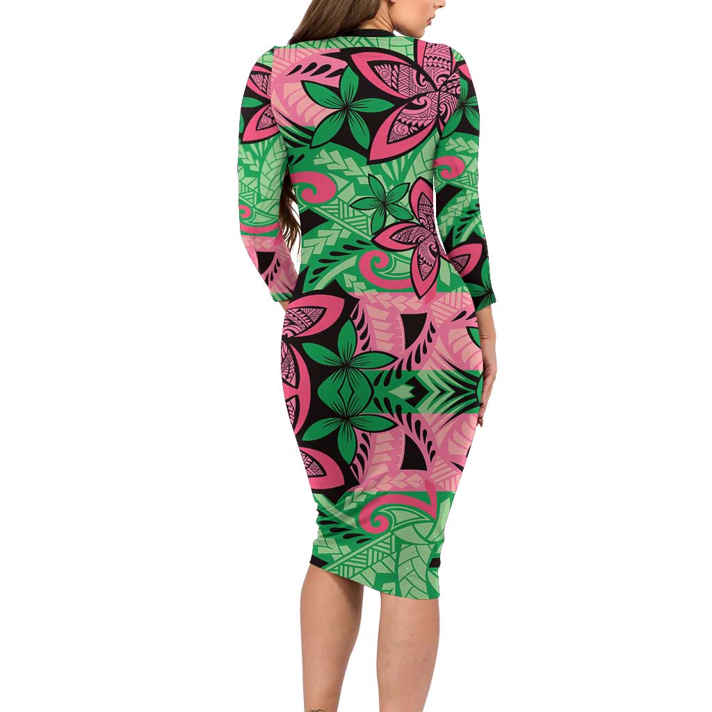 Plumeria Polynesian Pattern Long Sleeve Bodycon Dress Unique Fantasy Green Pink
