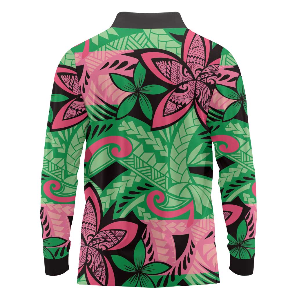 Plumeria Polynesian Pattern Long Sleeve Polo Shirt Unique Fantasy Green Pink