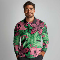 Plumeria Polynesian Pattern Long Sleeve Polo Shirt Unique Fantasy Green Pink