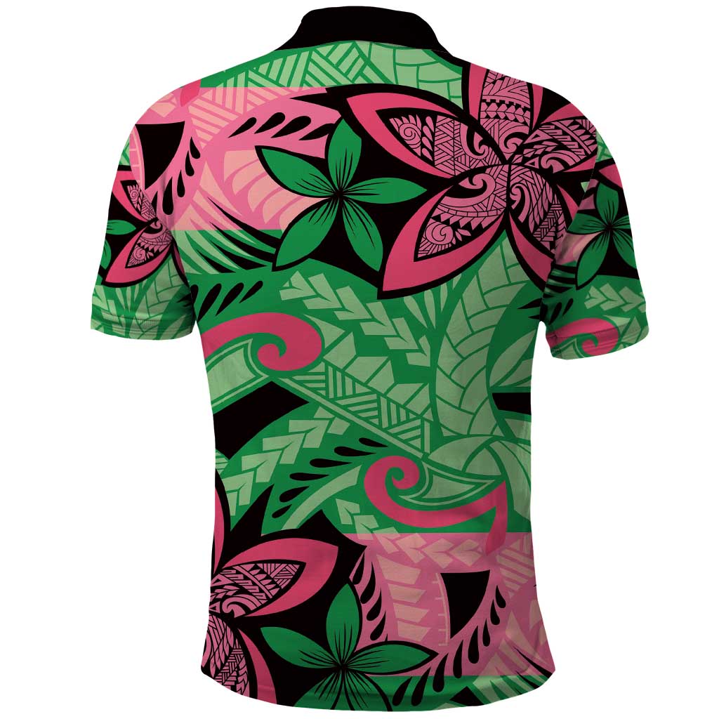 Plumeria Polynesian Pattern Polo Shirt Unique Fantasy Green Pink