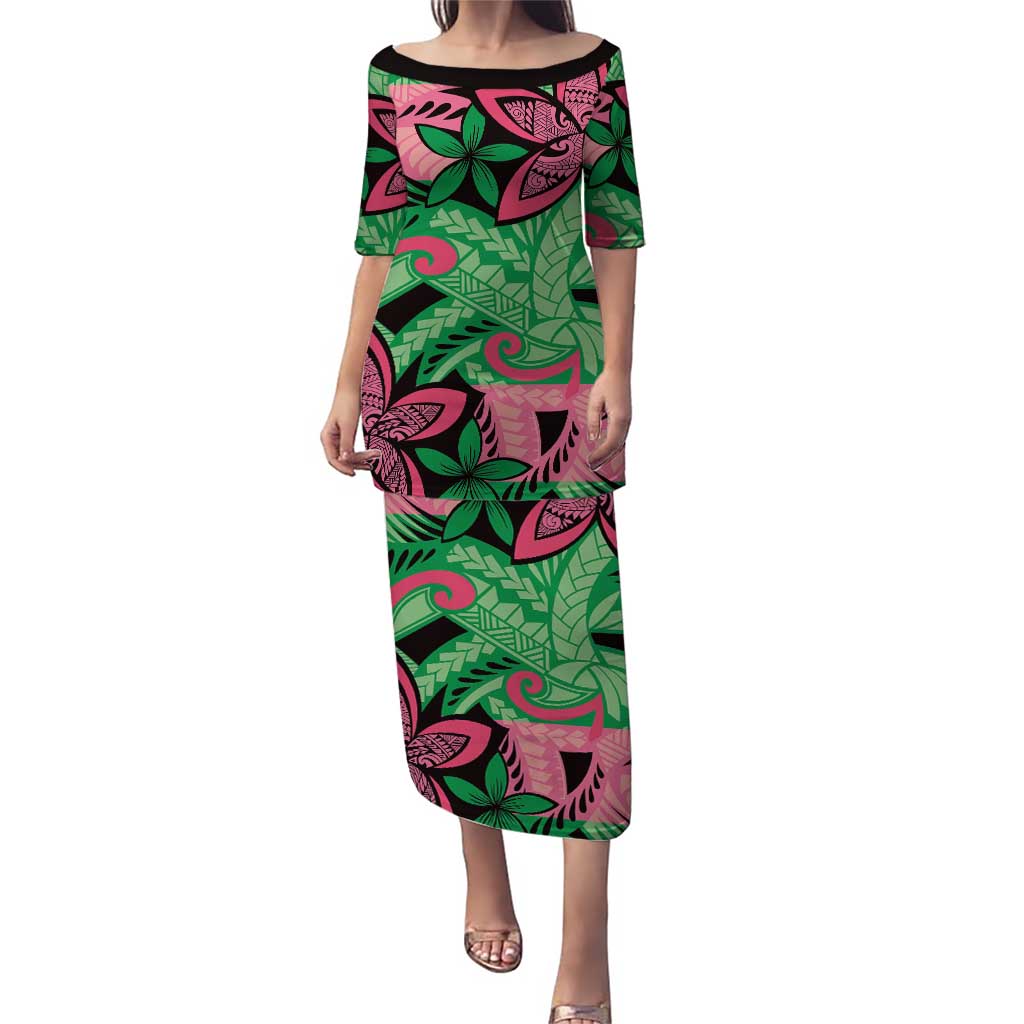 Plumeria Polynesian Pattern Puletasi Unique Fantasy Green Pink