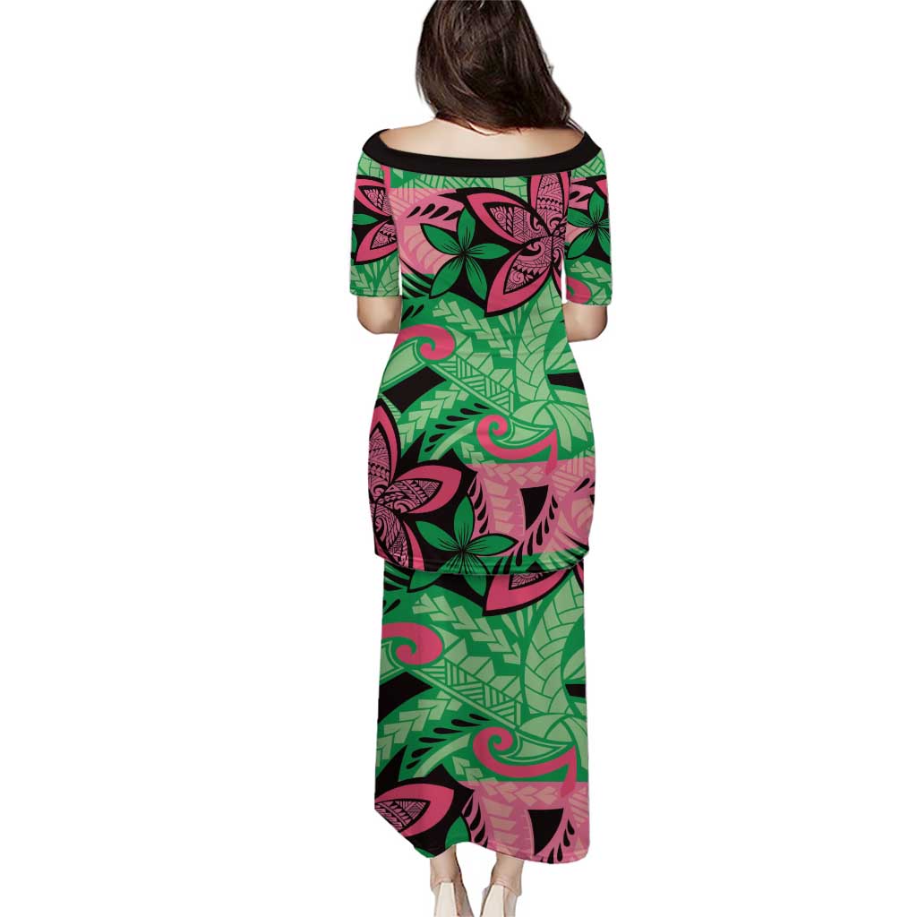 Plumeria Polynesian Pattern Puletasi Unique Fantasy Green Pink