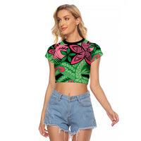 Plumeria Polynesian Pattern Raglan Cropped T Shirt Unique Fantasy Green Pink