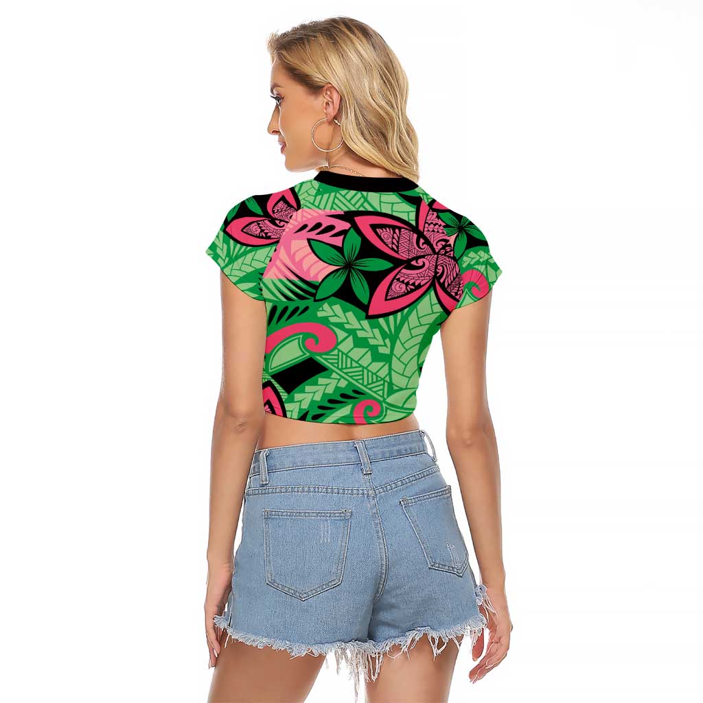 Plumeria Polynesian Pattern Raglan Cropped T Shirt Unique Fantasy Green Pink