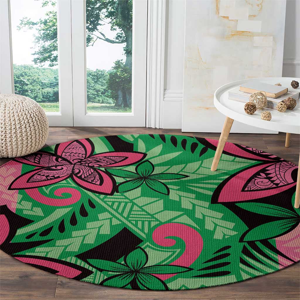 Plumeria Polynesian Pattern Round Carpet Unique Fantasy Green Pink