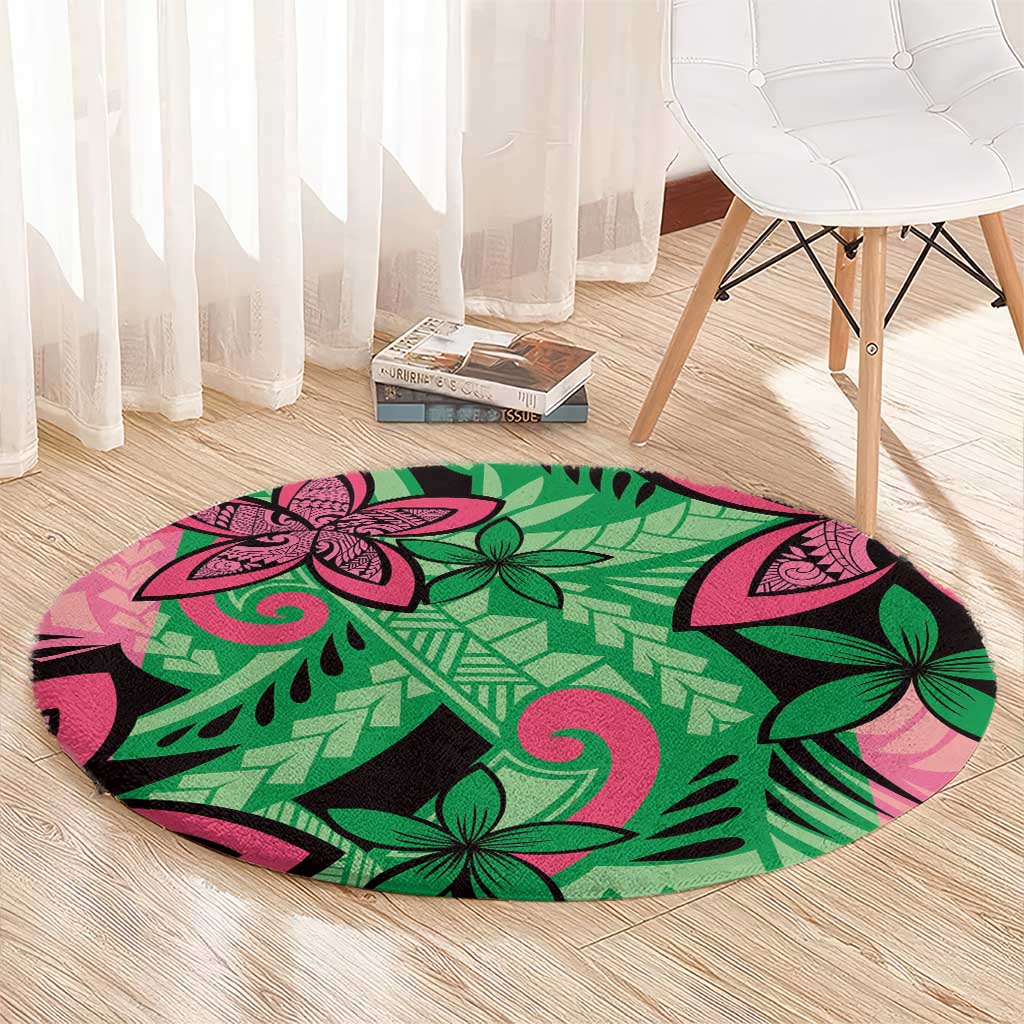 Plumeria Polynesian Pattern Round Carpet Unique Fantasy Green Pink
