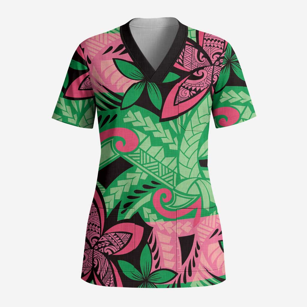 Plumeria Polynesian Pattern Scrub Top Unique Fantasy Green Pink - Polynesian Pride