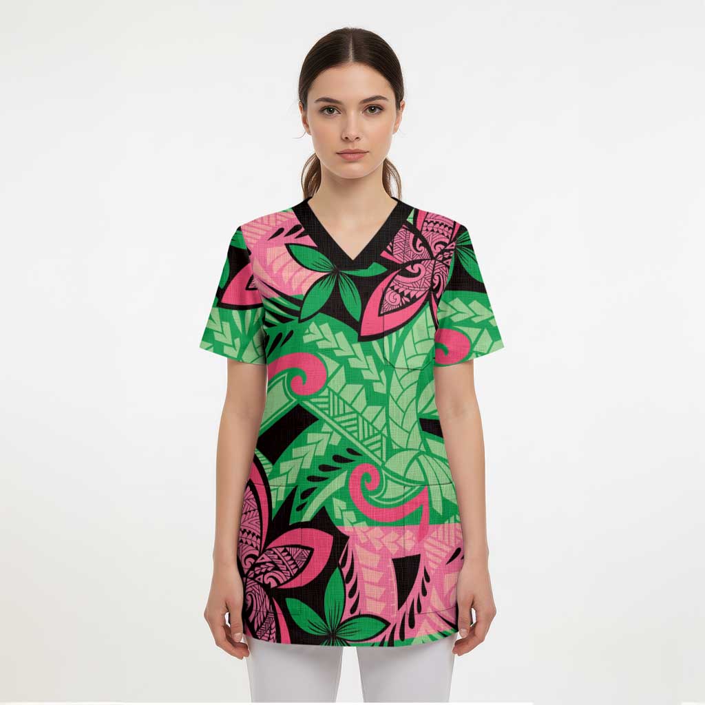 Plumeria Polynesian Pattern Scrub Top Unique Fantasy Green Pink - Polynesian Pride