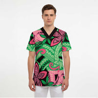 Plumeria Polynesian Pattern Scrub Top Unique Fantasy Green Pink - Polynesian Pride