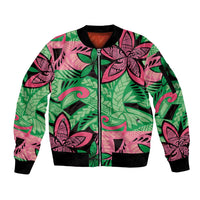 Plumeria Polynesian Pattern Sleeve Zip Bomber Jacket Unique Fantasy Green Pink LT01 Unisex Green - Polynesian Pride