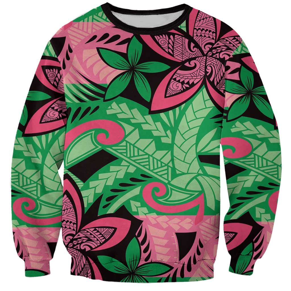 Plumeria Polynesian Pattern Sweatshirt Unique Fantasy Green Pink