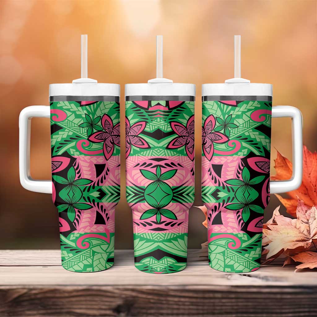Plumeria Polynesian Pattern Tumbler With Handle Unique Fantasy Green Pink