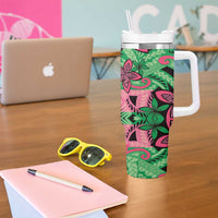 Plumeria Polynesian Pattern Tumbler With Handle Unique Fantasy Green Pink